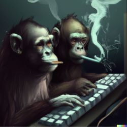 Two monkeys coding while smoking